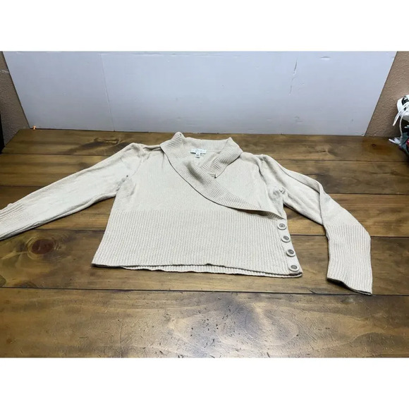St John Sport Knit Sweater Womens Large V-Neck Beige Wool Blend Shawl Collar - Picture 1 of 11